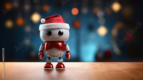 cute robot with christmas hat on christmas bokeh