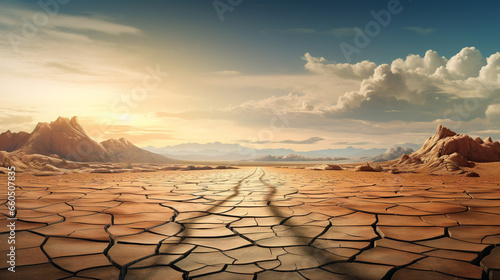 Illustration of a thunderous, cracked highway cutting through a desolate and barren landscape.
