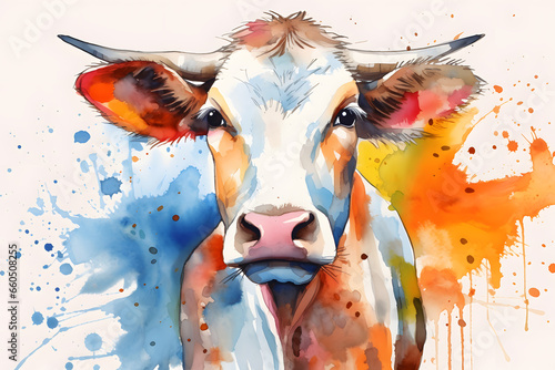 Modern colorful watercolor painting of a cow  textured white paper background  vibrant paint splashes. Created with generative AI