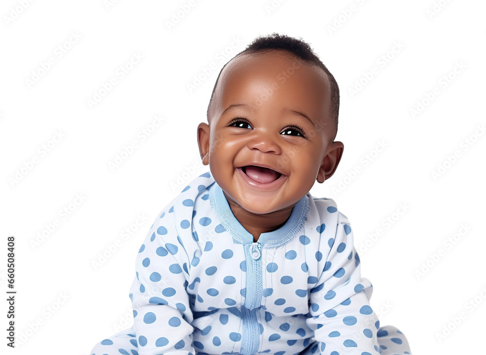 Smiling african baby boy sitting, isolated on white or transparent background. AI Generated. - obrazy, fototapety, plakaty 