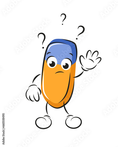 Cute cartoon eraser with question marks. Knowledge and education concept. Vector illustration stationery for children design or school.