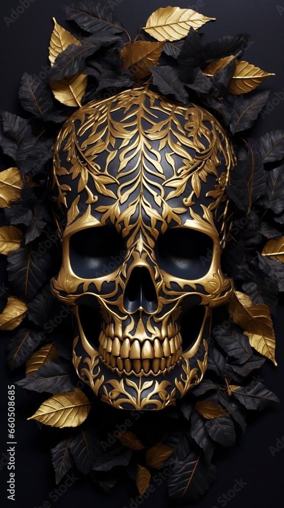 Skull with golden leaves. Generation AI