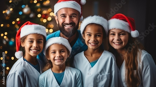 group of smiling doctors and patients in Santa hats on christmas tree background