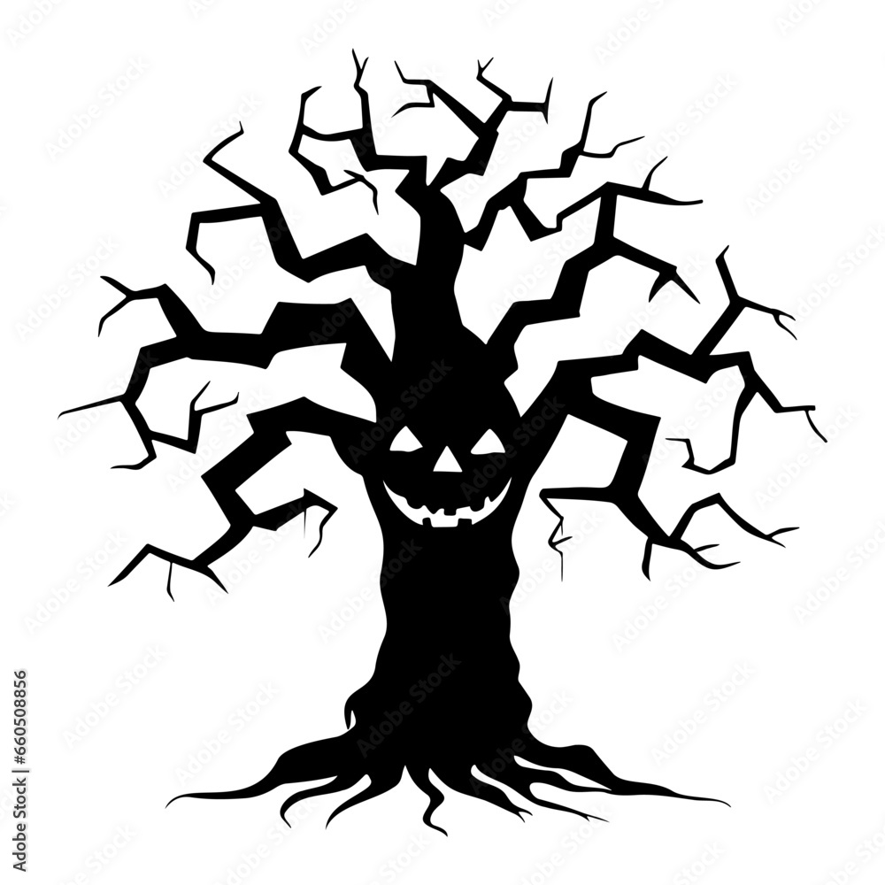 Halloween scary spooky smile tree silhouette. Vector illustration Halloween scary spooky smile tree silhouette. Vector illustration