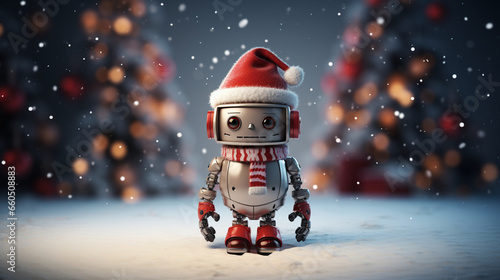 cute robot with christmas hat on christmas bokeh