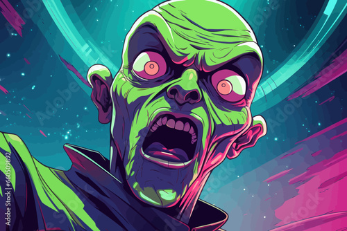 Aggressive alien face. Cartoon vector illustration