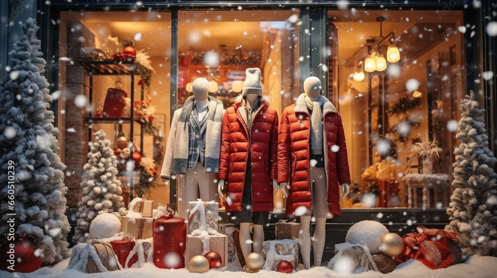 a group of mannequins in winter clothes in a Christmas window