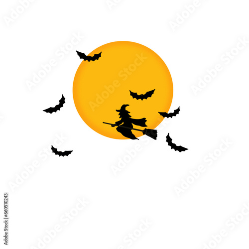Bruja volando sobre su escoba, con la luna brillando y murciélago 