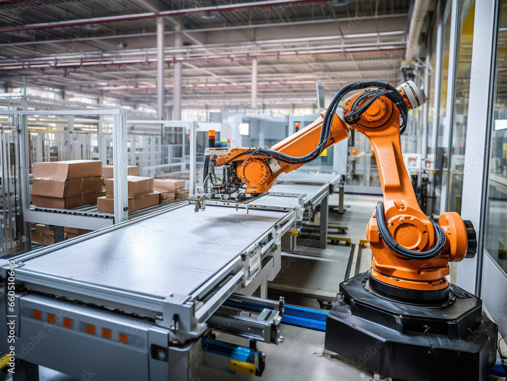 An industrial robot diligently performing tasks with precision and efficiency in a smart automation facility.
