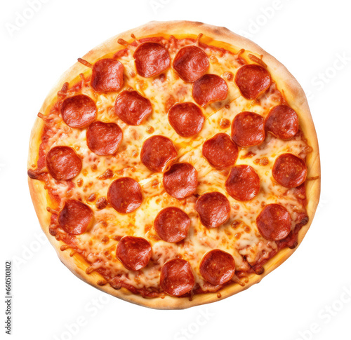 Overhead View of Pizza Margherita with Salami Slices on Transparent Background - Generative AI