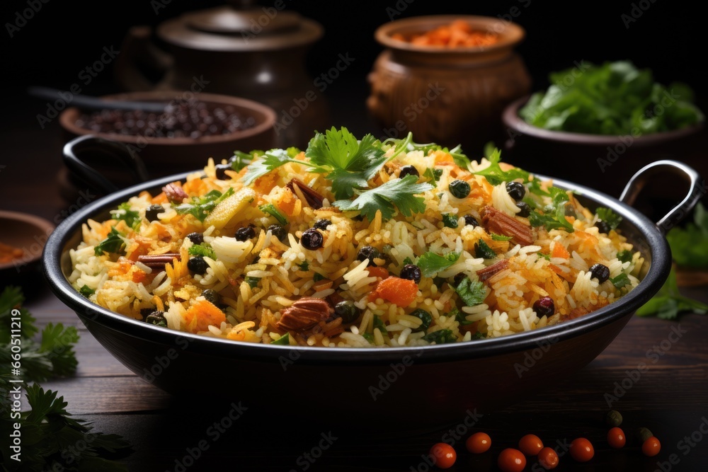 Biryani served in a pan garnished with dry fruits and coriander leaves Biryani served in a pan garnished with dry fruits and coriander leaves