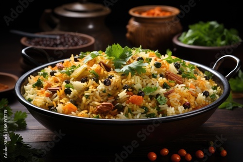 Biryani served in a pan garnished with dry fruits and coriander leaves