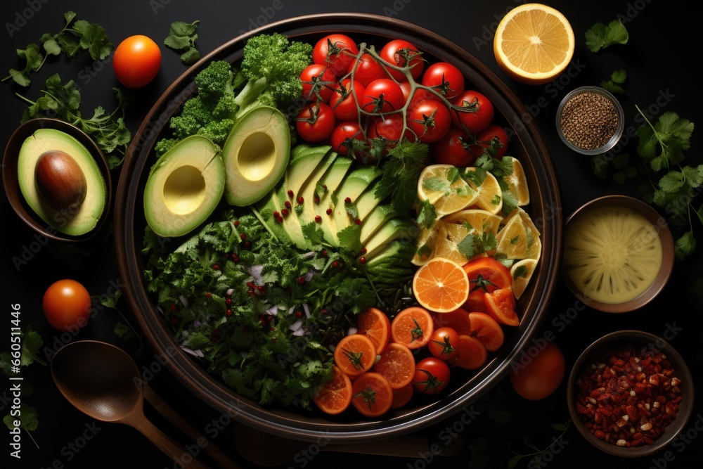 Overhead view of delicious vegetable salad with various ingredients on black plate Overhead view of delicious vegetable salad with various ingredients on black plate