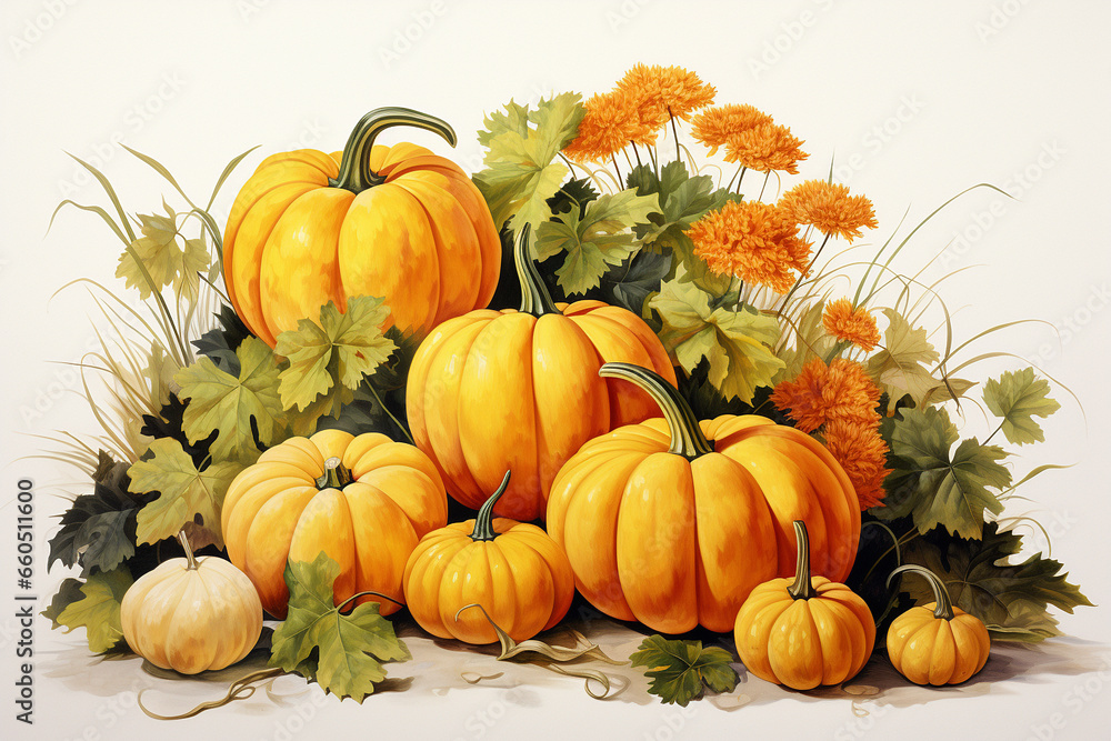 Beautiful illustration of a pumpkin patch in a vintage style. Beautiful illustration of a pumpkin patch in a vintage style.