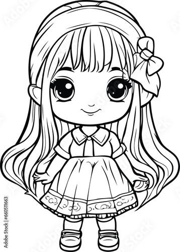 Cute little girl with long hair. Vector illustration for coloring book.