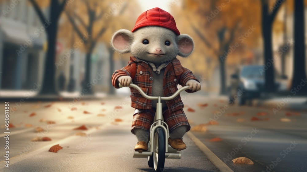 A cartoon mouse riding a bike down a street