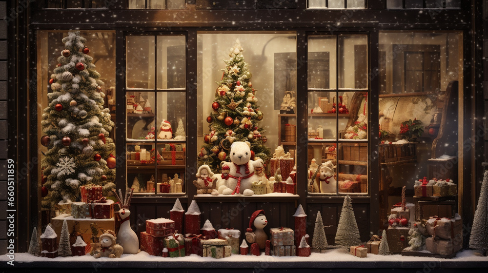 store window with christmas decoration, holiday window decorating concept