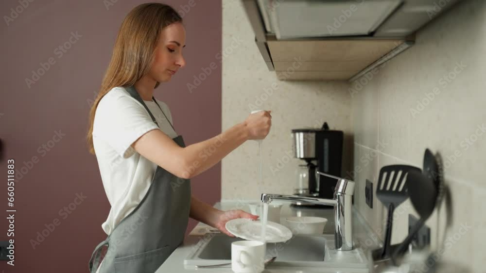 Beautiful woman smiles when washing dishes at home. Beautiful woman smiles when washing dishes at home.