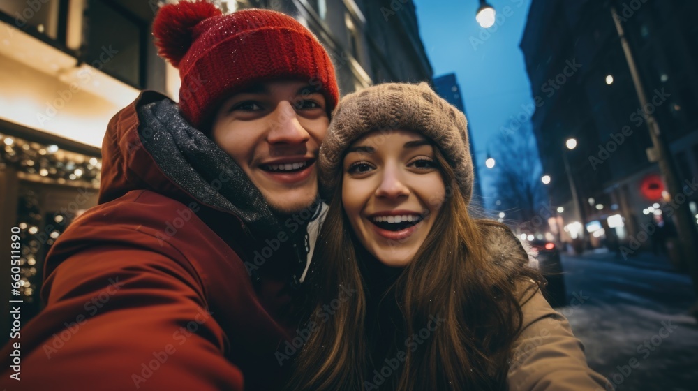 A man and woman taking a selfie on a city street A man and woman taking a selfie on a city street