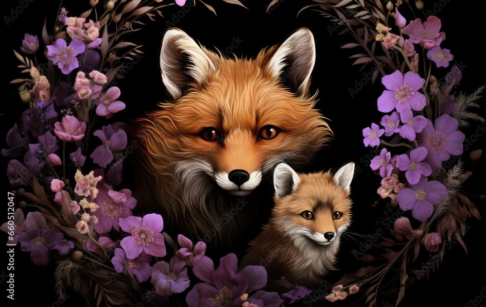 Obraz premium A painting of a fox and a baby fox