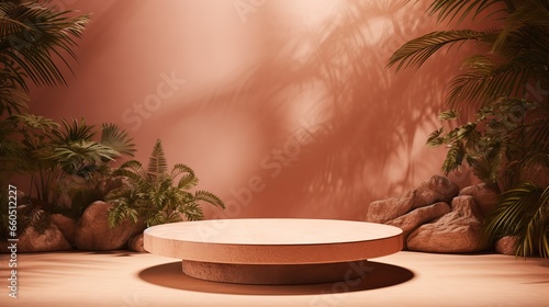 light beige minimalist stage with tropical plants