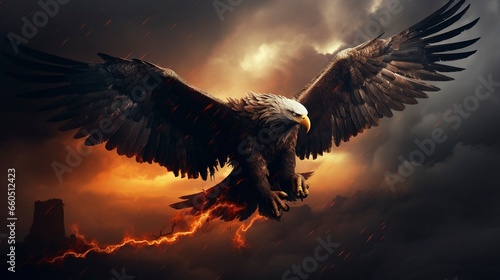 A dramatic sky with a thunderstorm, a huge eagle with wings on fire flies. Generation AI