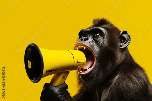 a cute monkey with a megaphone on a yellow background 3d rendering AI generative 
