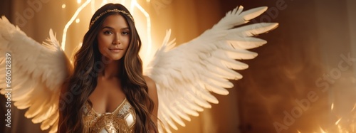 Beautiful Smiling Native American Female Holy Golden White Angel Background with Empty Copy Space for Text and Ads - Beautiful Smiling Female Angel Wallpaper created with Generative AI Technology