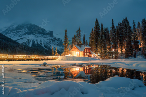 Emerald Lake with snow covered and wooden lodge glowing in pine forest on winter at Yoho national park, Canada © Mumemories
