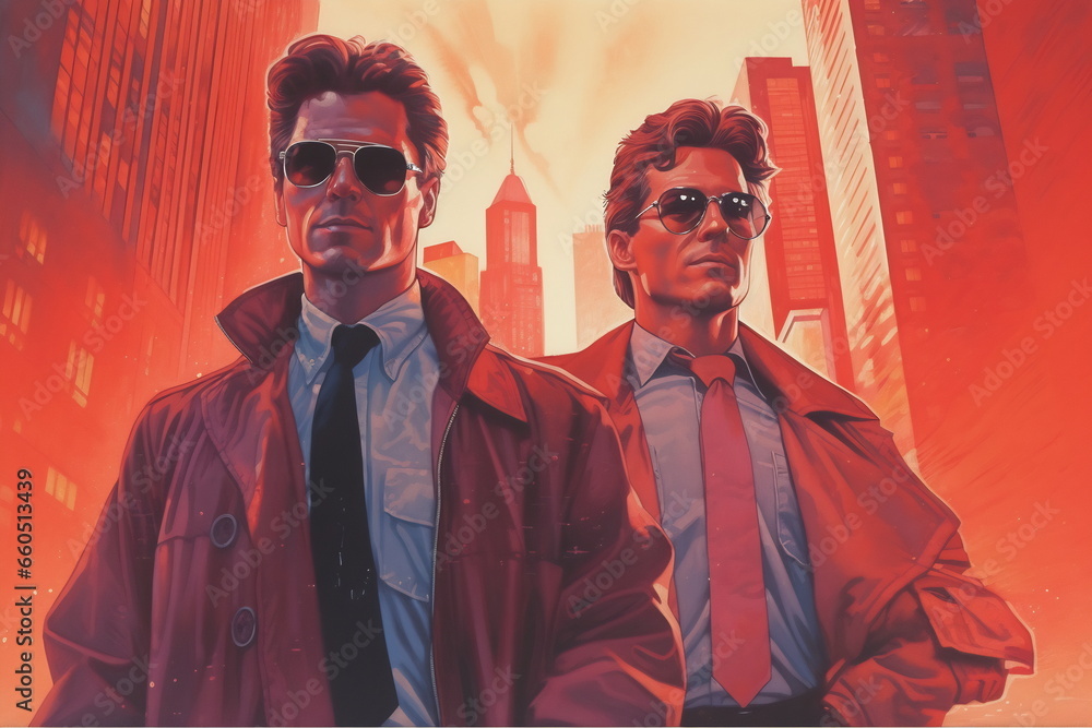 Two men standing in front and buildings on the background. Blockbuster poster 80s. Movie poster concept