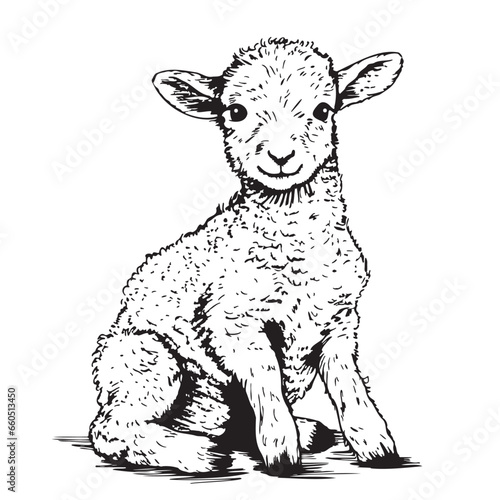 Seated lamb sketch, hand drawn in doodle style Farm animals Vector illustration
