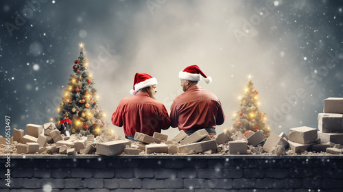 two construction workers are standing on christmas decoration construction