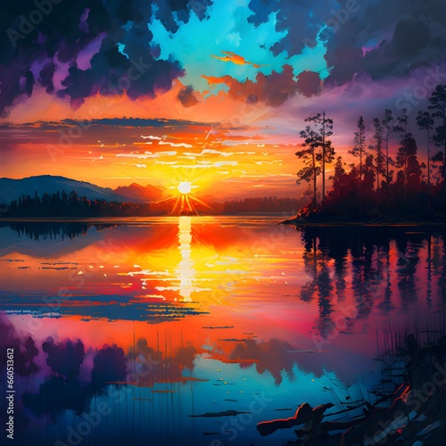 beautiful colorful sunset over a lake impressionism art 