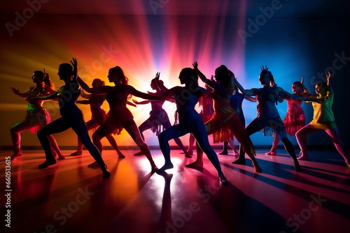 Group of professional dancers are dancing modern contemporary on a colorful background