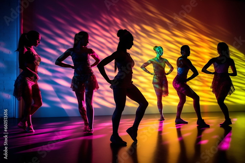 Group of professional dancers are dancing modern contemporary on a colorful background © Canvas Alchemy
