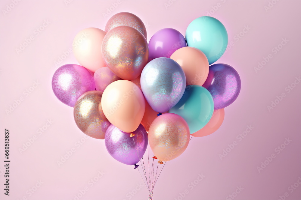 Set of multicolored metallic glossy colors balloons with strings. For birthdays, parties, weddings or promotion banners or posters. Vivid and realistic illustration