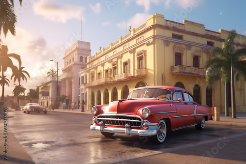 Old Havana downtown Street with old car