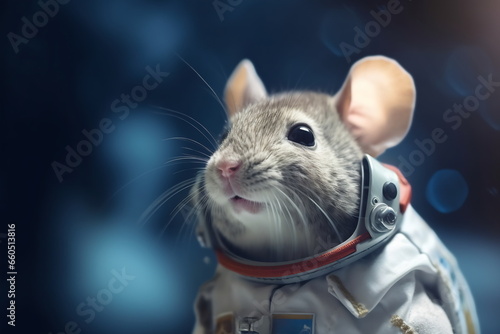 Mouse astronaut in a space suit. Mouse with black eyes, nice, sweet animal, small nose. Colorful. Photo realistic, concept art, cinematic light
