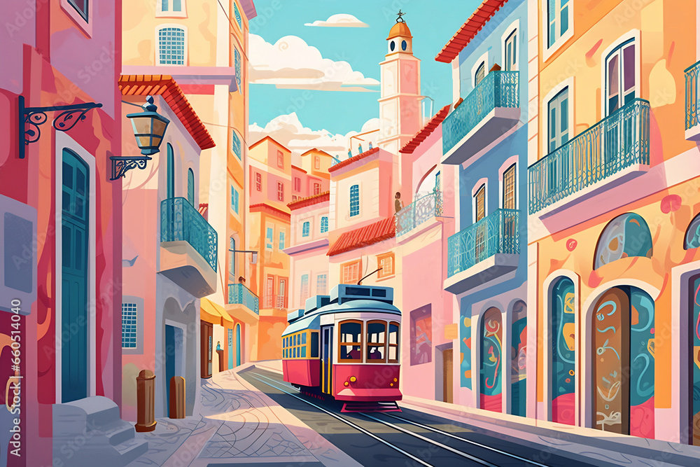 Red vintage tram on a street with colorful houses