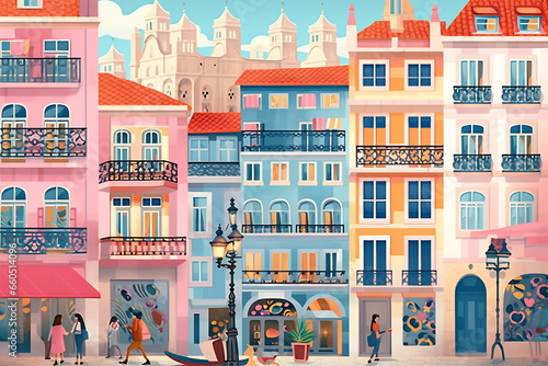 Lisbon urban landscape. Pattern with houses. Illustration