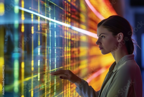 A woman interacts with a futuristic information wall filled with colorful lights and dynamic displays. Her pose conveys curiosity and engagement with the advanced technology and digital environment.
