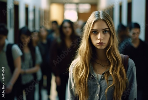 A solitary teenage girl stands in a school hallway, her eyes downcast, her posture and expression revealing signs of depression, stress, and the heavy weight of bullying. photo
