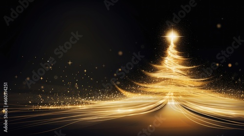 Golden christmas tree with lights on black background.