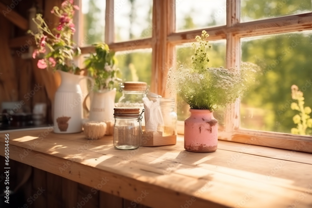 Cozy picture in countryside with nature view and wooden table Cozy picture in countryside with nature view and wooden table