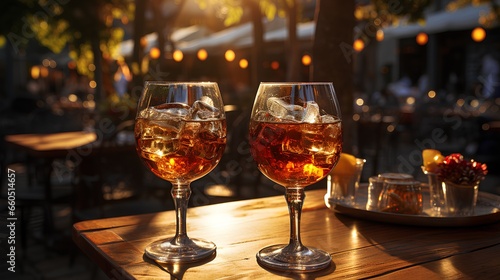 Crystal glasses with an alcoholic drink on a wooden table outdoors. Restaurant and leisure theme.