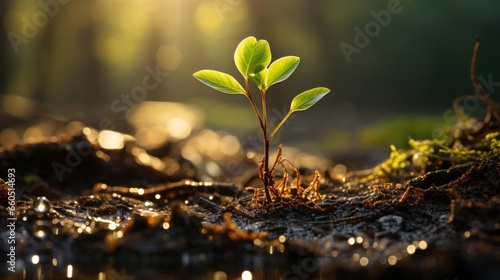 A green young seedling grows from the ground. Theme of gardening and ecology. © Boomanoid