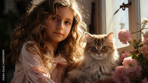 A little girl with curly hair with a fluffy cat against the background of a window.