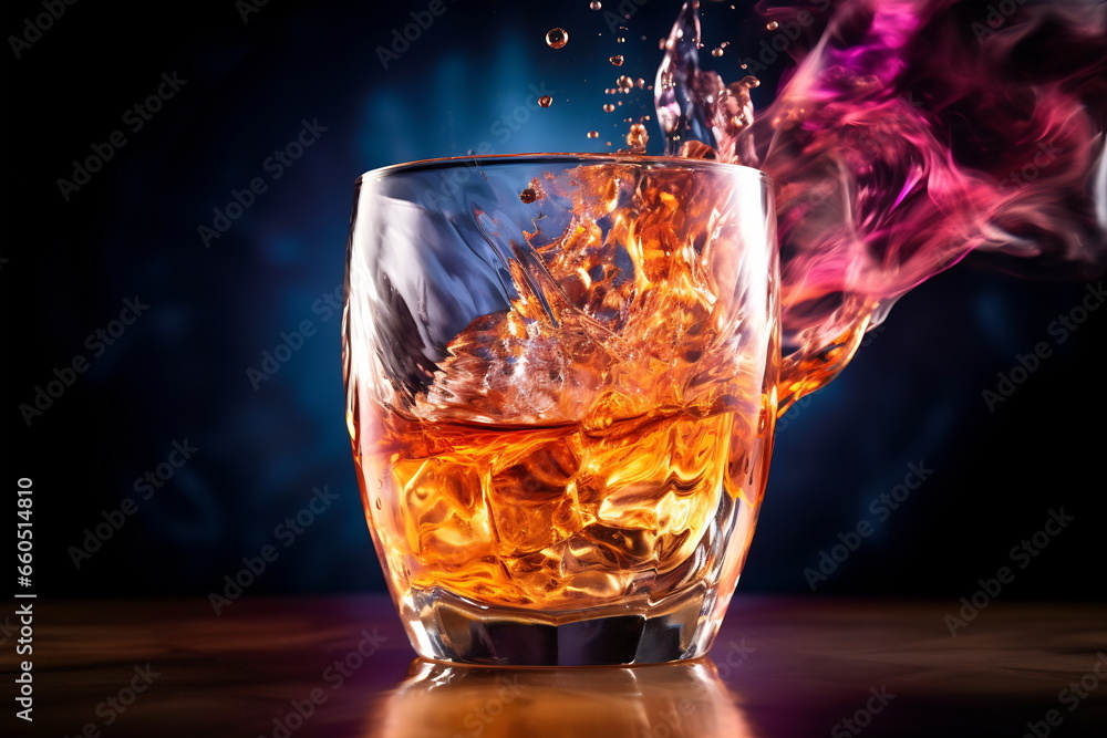 Drink in glass splashing on dark background