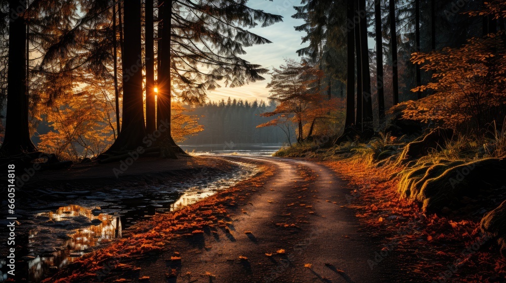 Road passing through an orange forest at dawn. Autumn season.