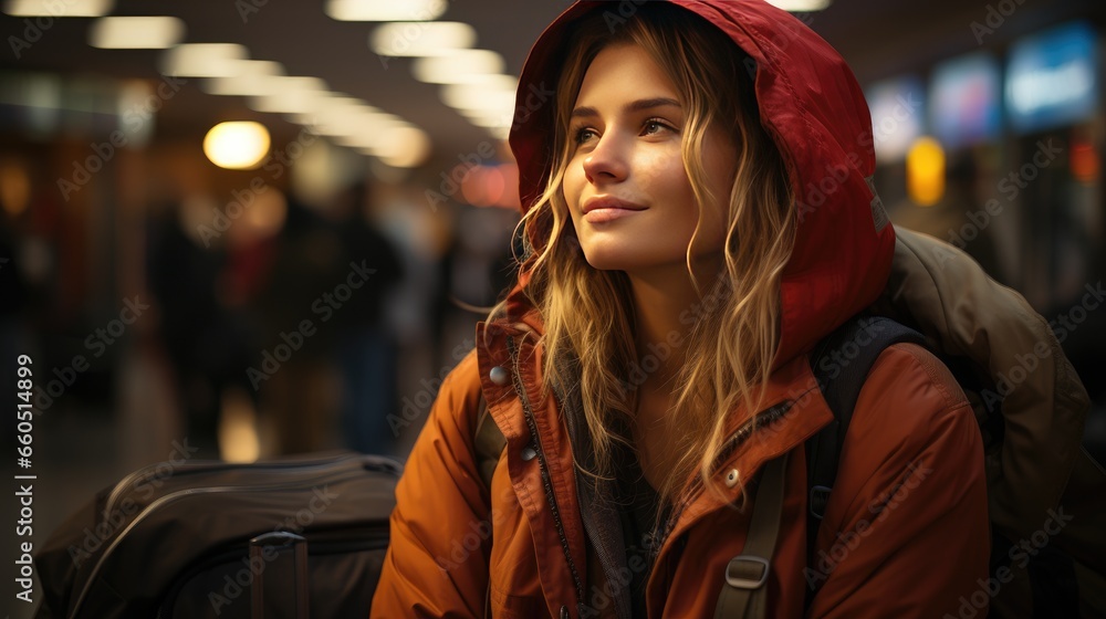 Beautiful young girl traveler in a jacket. Beautiful and self-sufficient. Symbol of tourism and recreation.